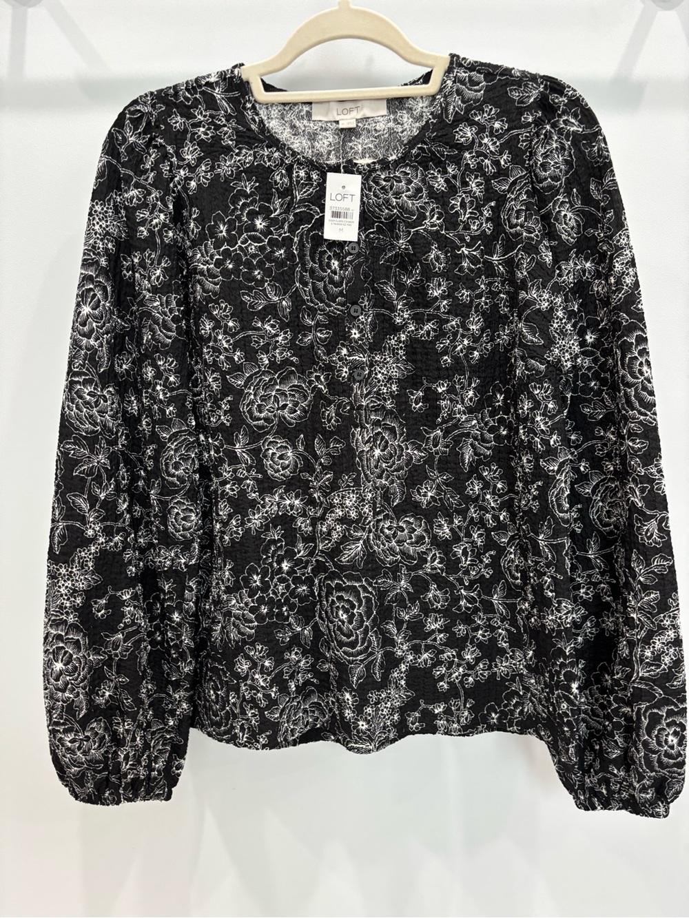 LOFT Black and White Floral Long-Sleeve Top